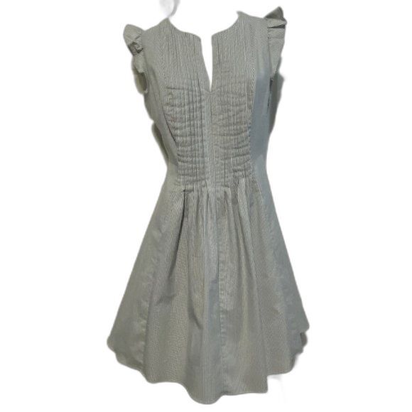 CECE Pleated Flutter Sleeve Dress Grey & White Striped Sz 6 - Picture 1 of 10